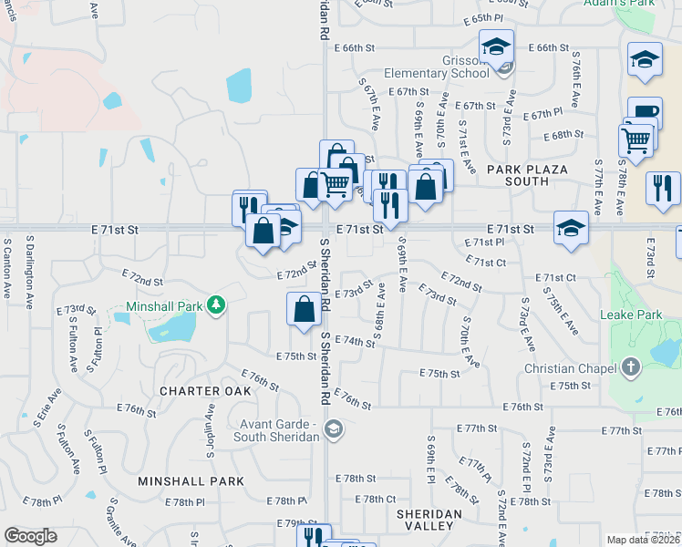 map of restaurants, bars, coffee shops, grocery stores, and more near 7222 South 66th East Avenue in Tulsa