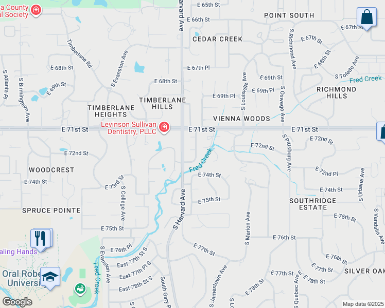 map of restaurants, bars, coffee shops, grocery stores, and more near 3324 East 73rd Street in Tulsa