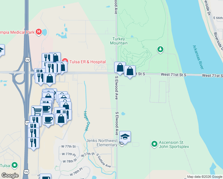 map of restaurants, bars, coffee shops, grocery stores, and more near 7224 South Elwood Avenue in Tulsa