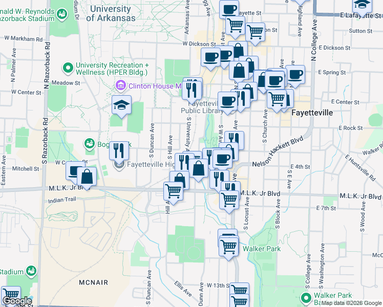 map of restaurants, bars, coffee shops, grocery stores, and more near 449 South University Avenue in Fayetteville