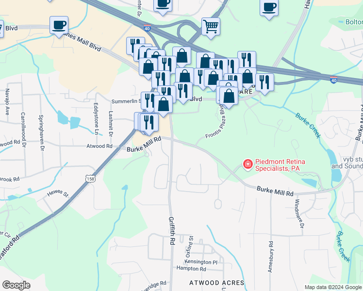 map of restaurants, bars, coffee shops, grocery stores, and more near 3370 Burke Mill Road in Winston-Salem