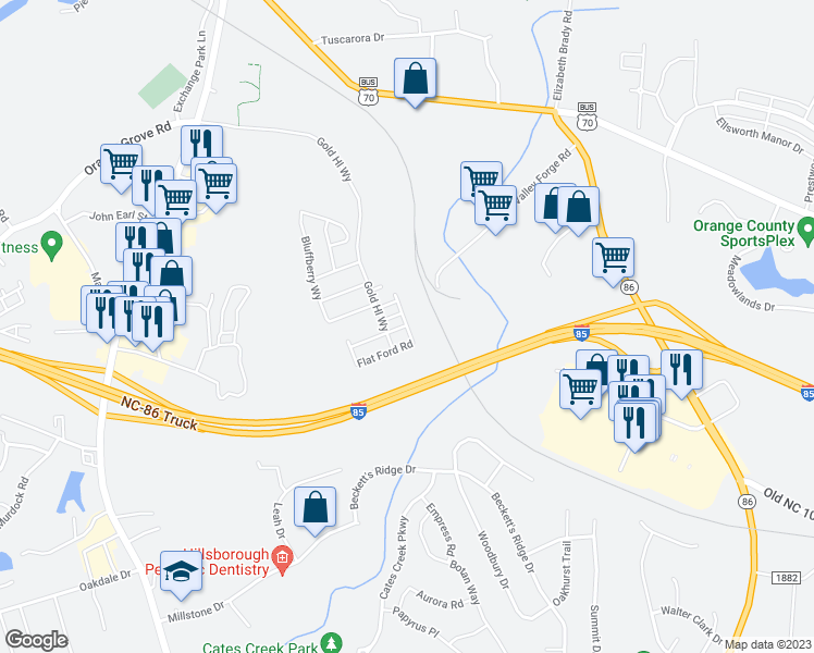 map of restaurants, bars, coffee shops, grocery stores, and more near 409 Brightleaf Road in Hillsborough
