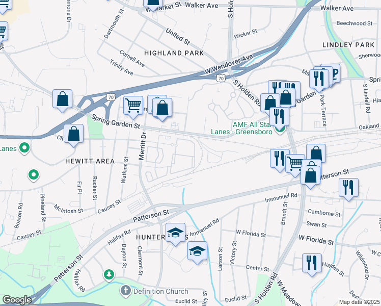 map of restaurants, bars, coffee shops, grocery stores, and more near 3602 Clifton Road in Greensboro