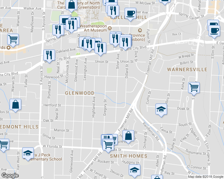 map of restaurants, bars, coffee shops, grocery stores, and more near 806 Richardson Street in Greensboro