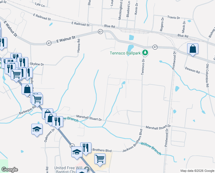 map of restaurants, bars, coffee shops, grocery stores, and more near 1034 Churchfield Drive in Dickson