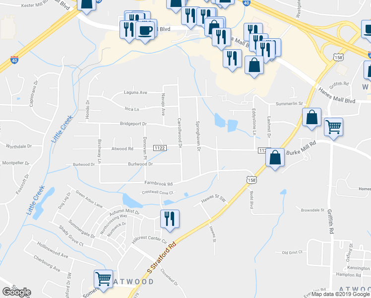 map of restaurants, bars, coffee shops, grocery stores, and more near 3001 Carrollwood Drive in Winston-Salem