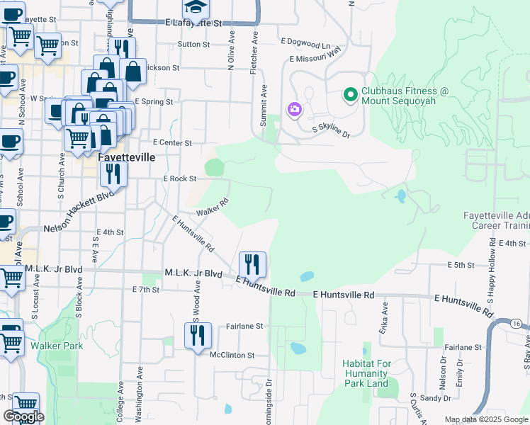 map of restaurants, bars, coffee shops, grocery stores, and more near South Knerr Drive in Fayetteville