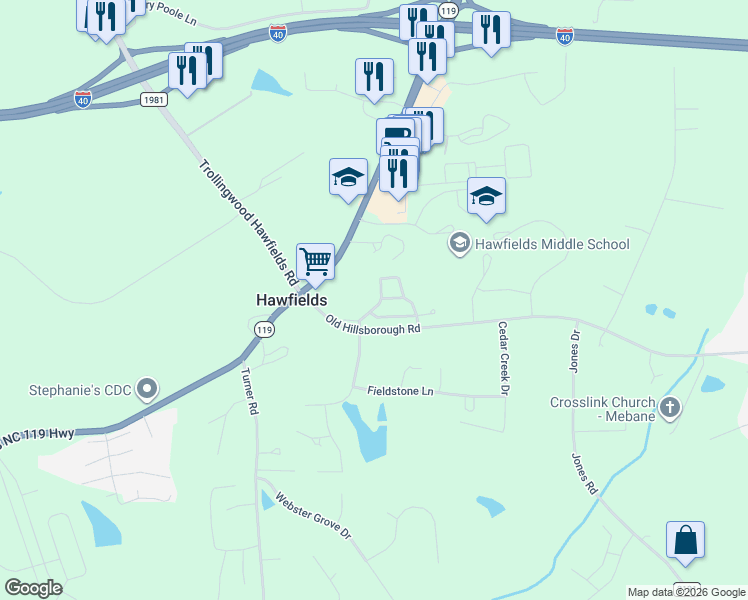 map of restaurants, bars, coffee shops, grocery stores, and more near 1702 Hawfields Crossing Lane in Mebane