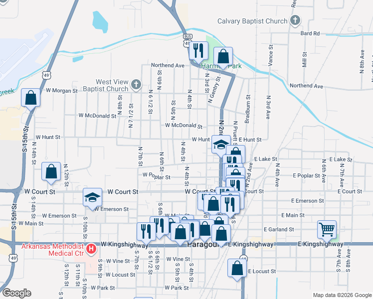 map of restaurants, bars, coffee shops, grocery stores, and more near 341 West Highland Street in Paragould