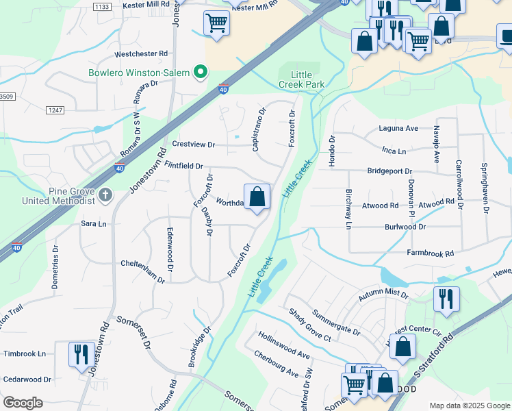 map of restaurants, bars, coffee shops, grocery stores, and more near 105 Worthdale Drive in Winston-Salem
