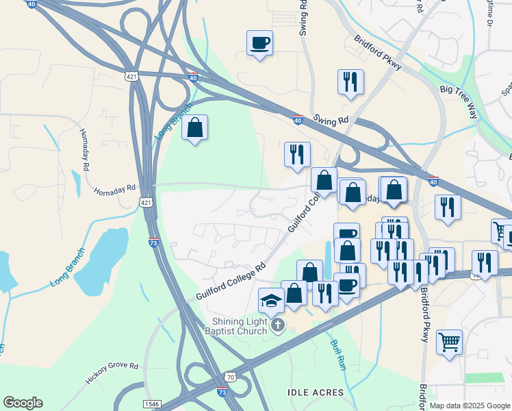 map of restaurants, bars, coffee shops, grocery stores, and more near 814 Guilford College Road in Greensboro