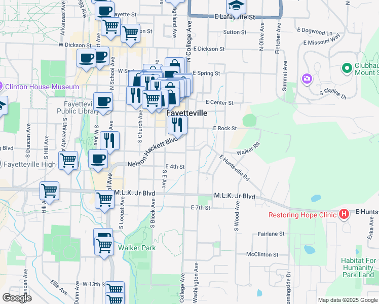 map of restaurants, bars, coffee shops, grocery stores, and more near 332-398 S College Ave in Fayetteville