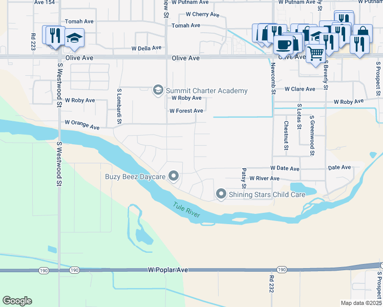 map of restaurants, bars, coffee shops, grocery stores, and more near 1899 West Heritage Lane in Porterville