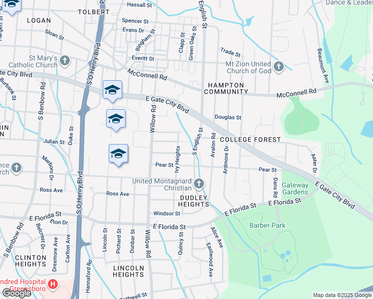 map of restaurants, bars, coffee shops, grocery stores, and more near 2205 Hunter Street in Greensboro