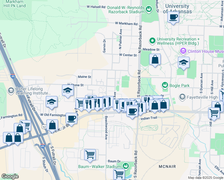 map of restaurants, bars, coffee shops, grocery stores, and more near 508 Eastern Avenue in Fayetteville
