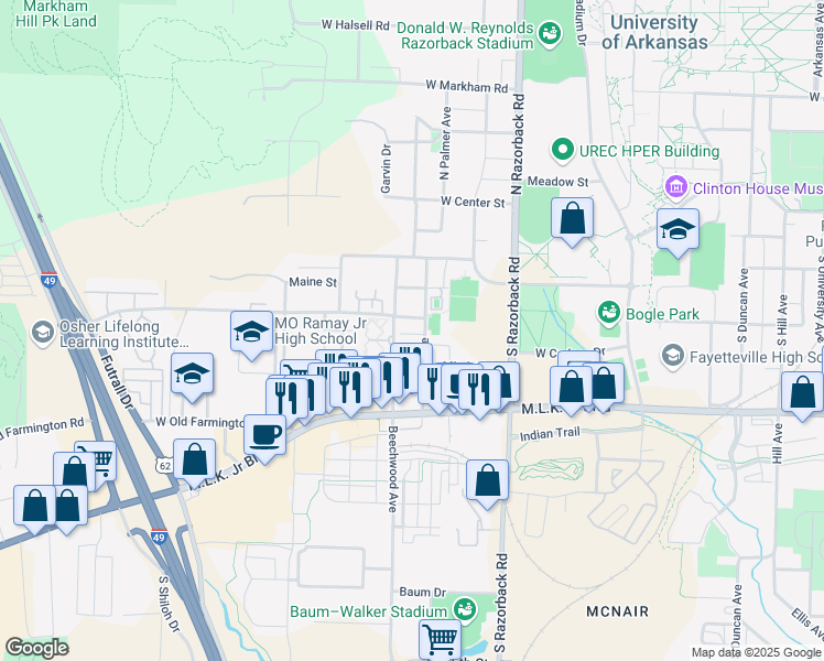 map of restaurants, bars, coffee shops, grocery stores, and more near 1620 West Mitchell Street in Fayetteville