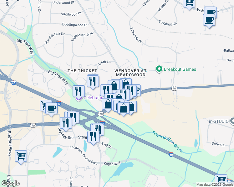 map of restaurants, bars, coffee shops, grocery stores, and more near 4214 Wendover Avenue West in Greensboro