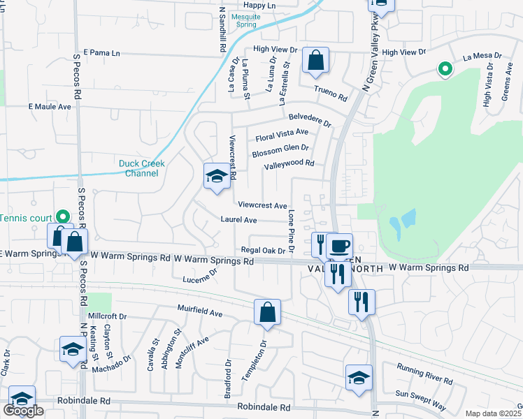 map of restaurants, bars, coffee shops, grocery stores, and more near 3145 Viewcrest Avenue in Henderson