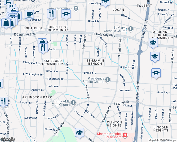 map of restaurants, bars, coffee shops, grocery stores, and more near 840 Broad Avenue in Greensboro