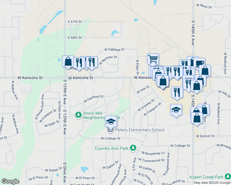 map of restaurants, bars, coffee shops, grocery stores, and more near 3000 West Hartford Street in Broken Arrow