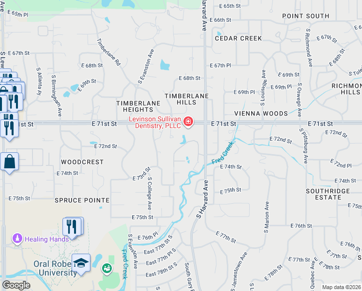 map of restaurants, bars, coffee shops, grocery stores, and more near 7309 South Gary Place in Tulsa