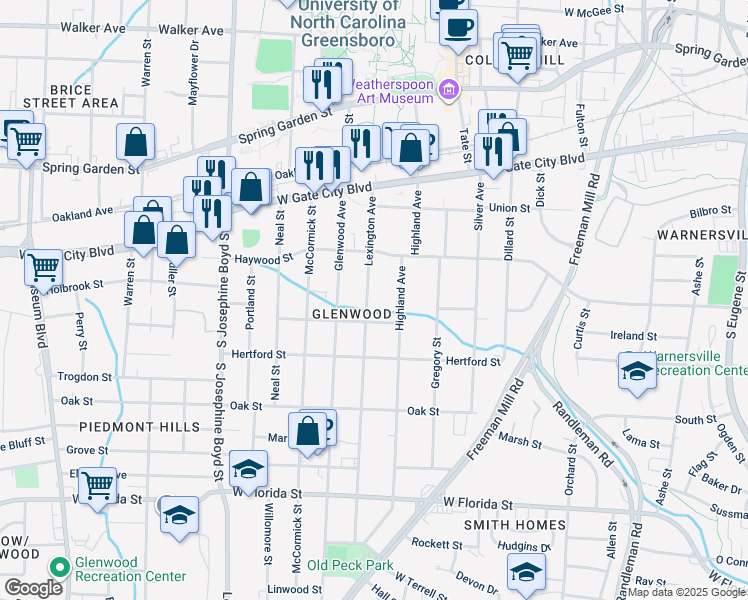 map of restaurants, bars, coffee shops, grocery stores, and more near 923 Lexington Avenue in Greensboro