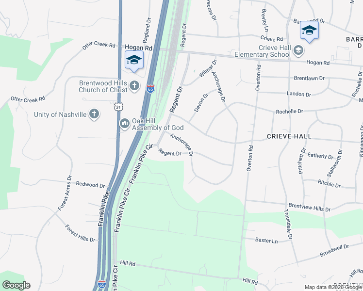 map of restaurants, bars, coffee shops, grocery stores, and more near 5195 Regent Drive in Nashville