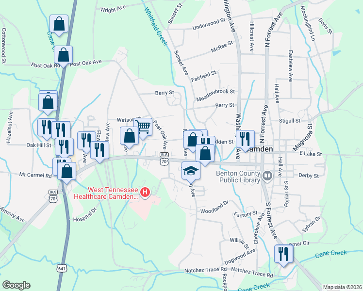 map of restaurants, bars, coffee shops, grocery stores, and more near 168 West Main Street in Camden