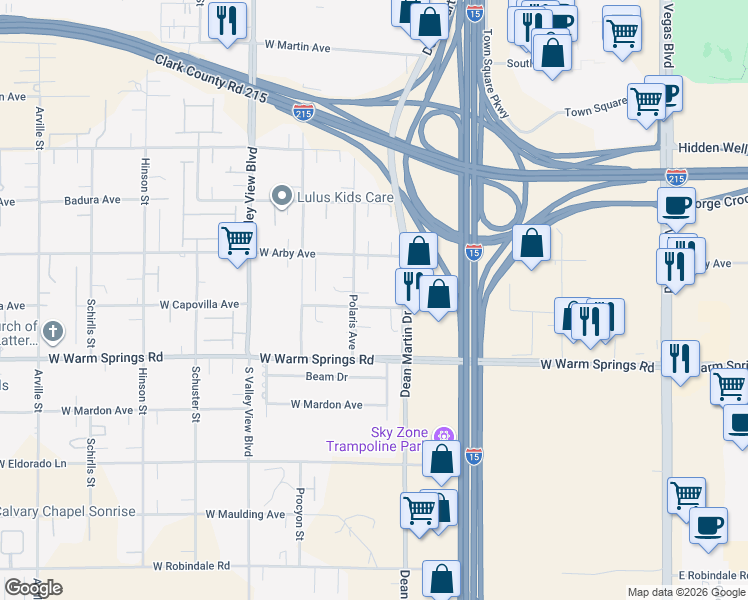 map of restaurants, bars, coffee shops, grocery stores, and more near 7180 Polaris Avenue in Las Vegas