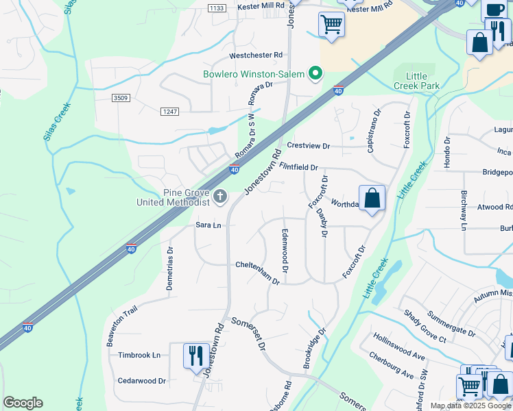 map of restaurants, bars, coffee shops, grocery stores, and more near 1010 Shenandoah Court in Winston-Salem