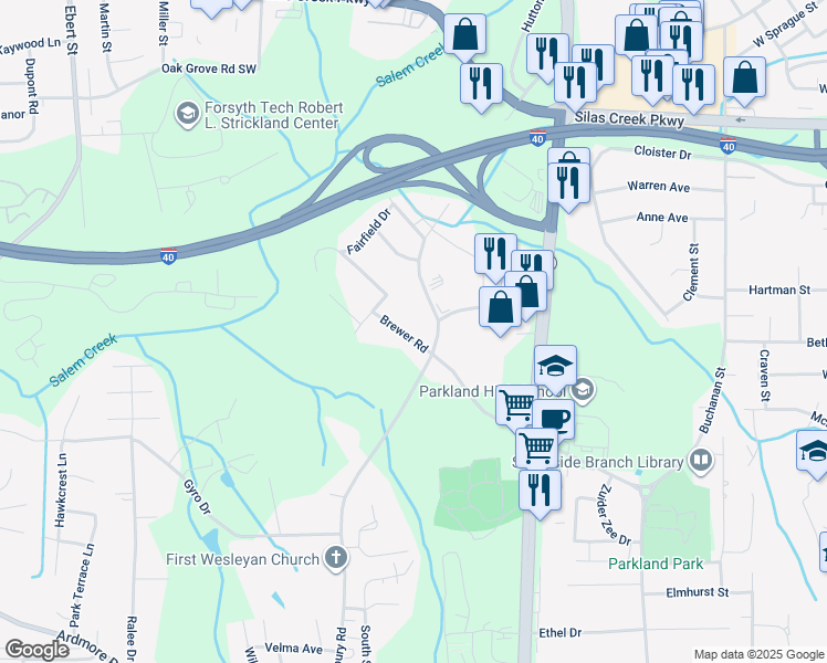 map of restaurants, bars, coffee shops, grocery stores, and more near 1334 Brewer Road in Winston-Salem