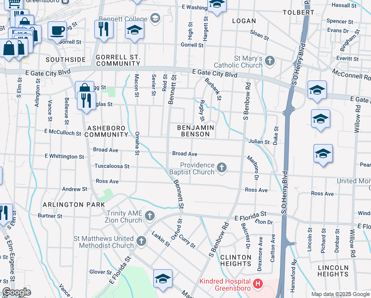 map of restaurants, bars, coffee shops, grocery stores, and more near 900 Broad Avenue in Greensboro