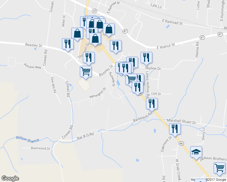 map of restaurants, bars, coffee shops, grocery stores, and more near 100 Archway Circle in Dickson