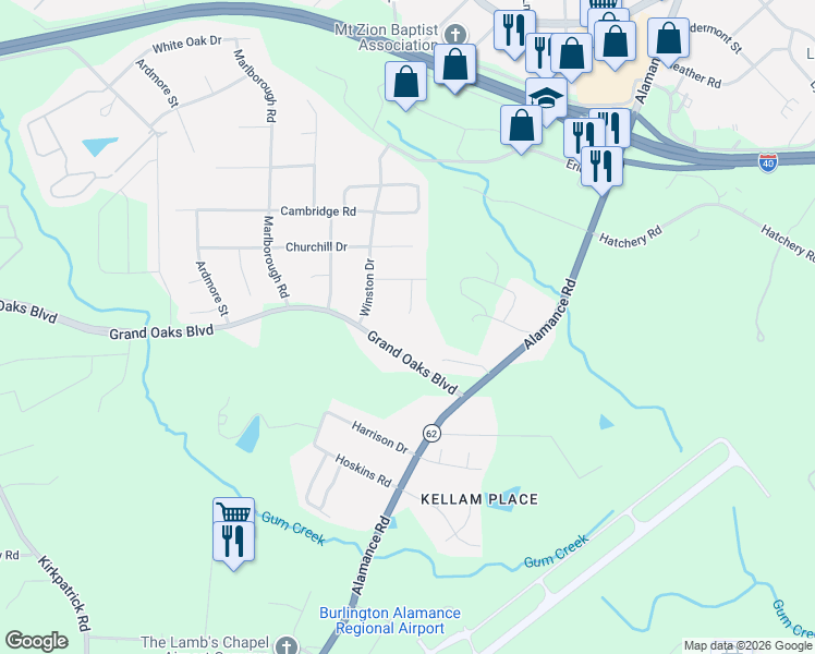 map of restaurants, bars, coffee shops, grocery stores, and more near 2341 Grand Oaks Boulevard in Burlington