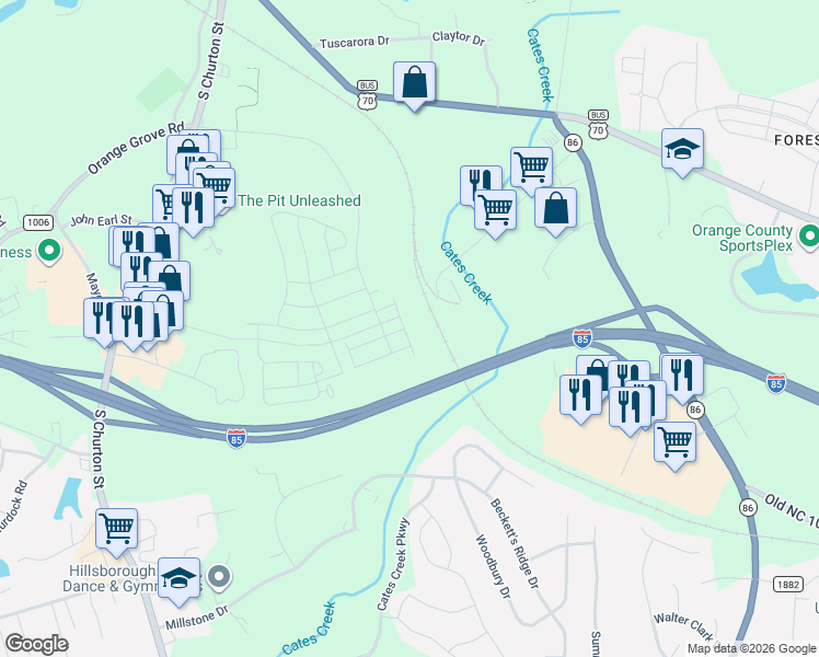 map of restaurants, bars, coffee shops, grocery stores, and more near Flat Ford Road in Hillsborough