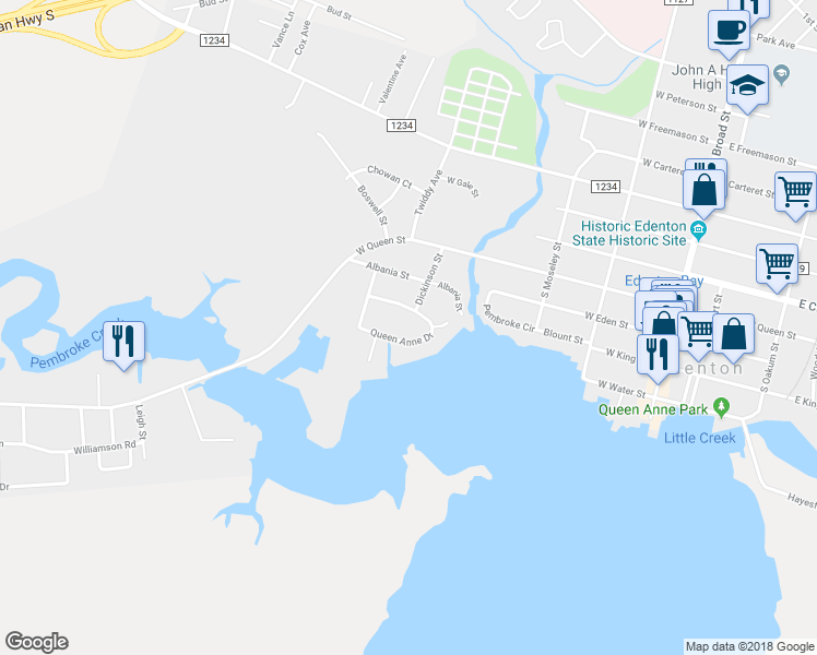 map of restaurants, bars, coffee shops, grocery stores, and more near 200 Queen Anne Drive in Edenton