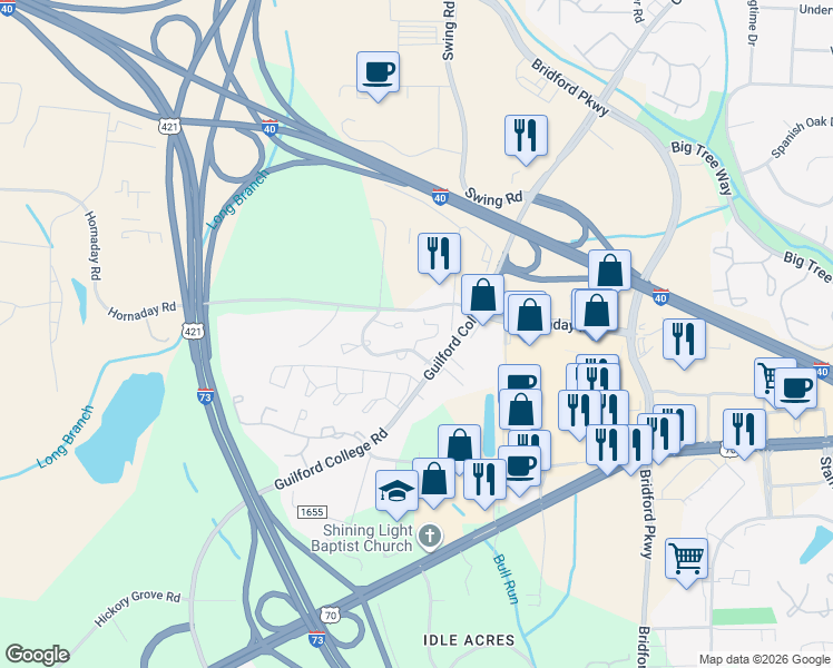 map of restaurants, bars, coffee shops, grocery stores, and more near 814 Guilford College Road in Greensboro