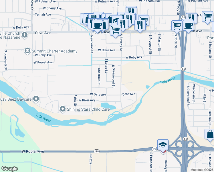 map of restaurants, bars, coffee shops, grocery stores, and more near 1490 Heritage Avenue West in Porterville