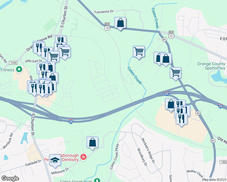 map of restaurants, bars, coffee shops, grocery stores, and more near 818 James J Freeland Memorial Drive in Hillsborough