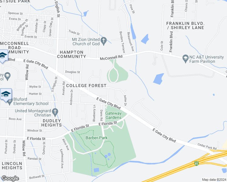 map of restaurants, bars, coffee shops, grocery stores, and more near 2 Aggie Court in Greensboro