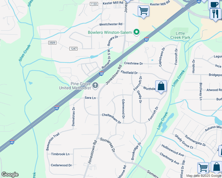 map of restaurants, bars, coffee shops, grocery stores, and more near 1010 Shenandoah Court in Winston-Salem