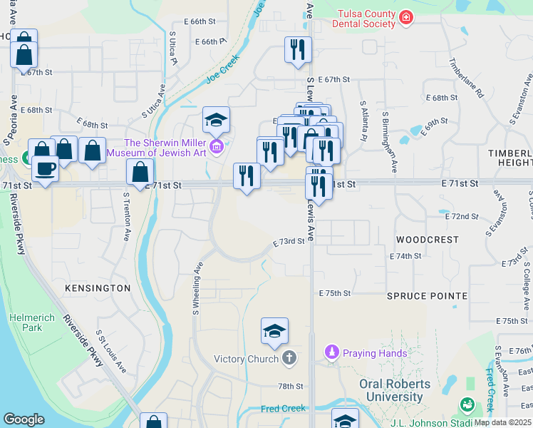map of restaurants, bars, coffee shops, grocery stores, and more near 2136 East 71st Street in Tulsa