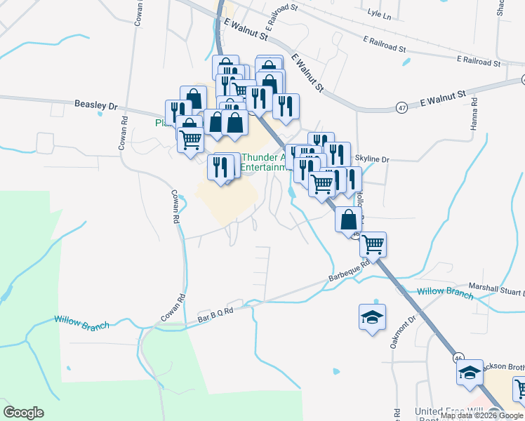 map of restaurants, bars, coffee shops, grocery stores, and more near 100 Remington Drive in Dickson