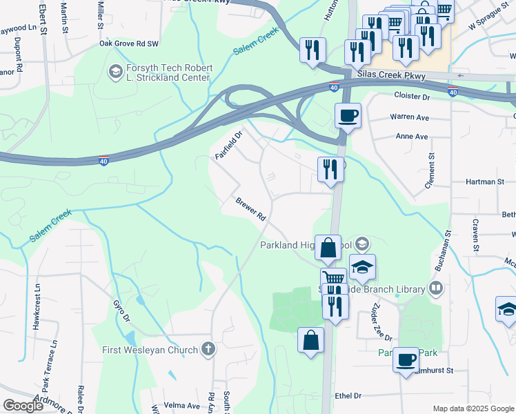 map of restaurants, bars, coffee shops, grocery stores, and more near 1334 Brewer Road in Winston-Salem