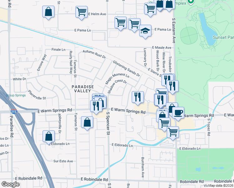 map of restaurants, bars, coffee shops, grocery stores, and more near 7157 Honeysuckle Court in Las Vegas