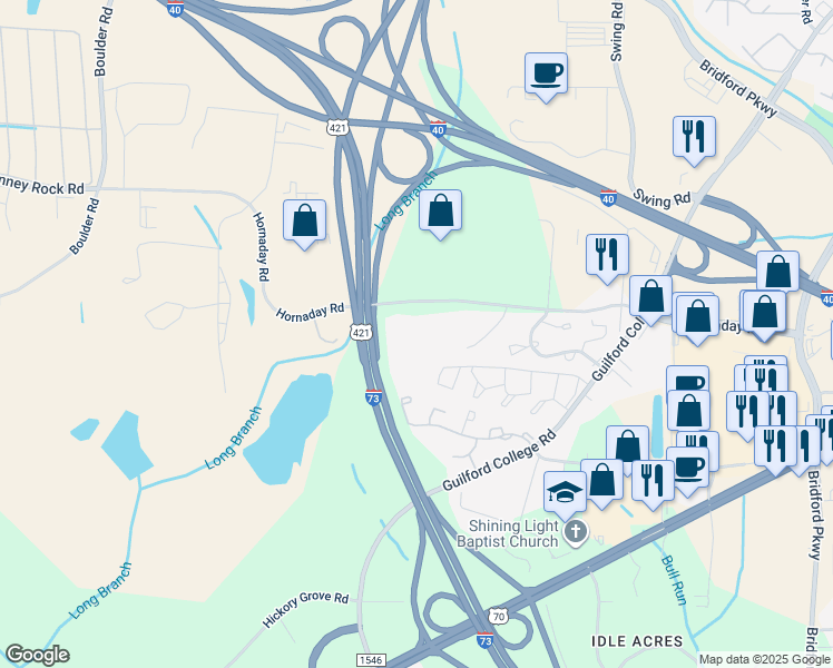 map of restaurants, bars, coffee shops, grocery stores, and more near 5637 Hornaday Road in Greensboro