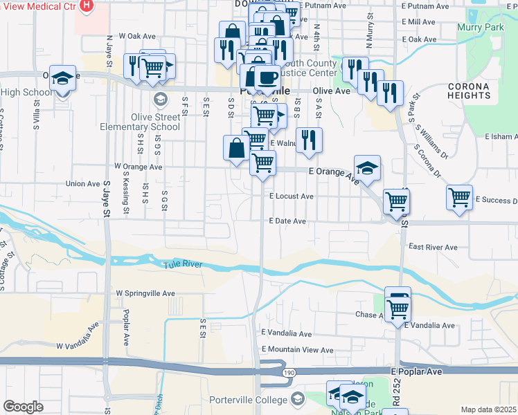 map of restaurants, bars, coffee shops, grocery stores, and more near 261-299 S Hockett St in Porterville