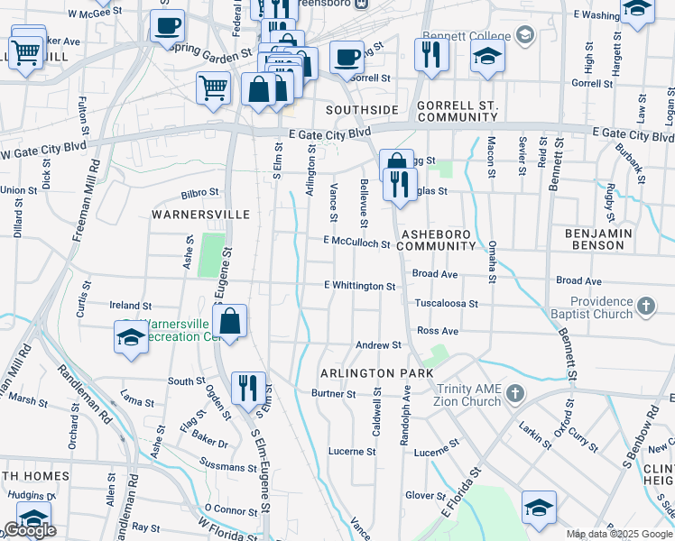 map of restaurants, bars, coffee shops, grocery stores, and more near 923 Vance Street in Greensboro