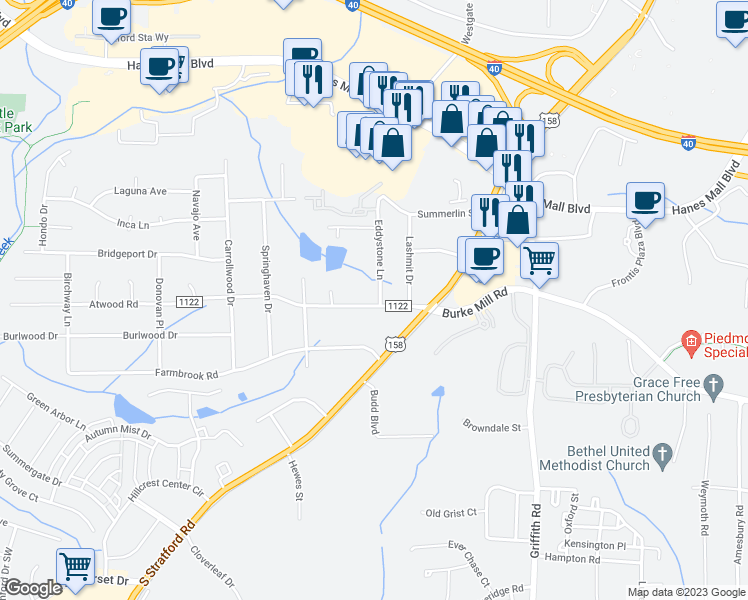map of restaurants, bars, coffee shops, grocery stores, and more near 2401 Atwood Road in Winston-Salem