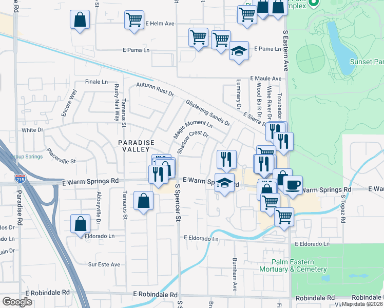 map of restaurants, bars, coffee shops, grocery stores, and more near 7157 Honeysuckle Court in Las Vegas